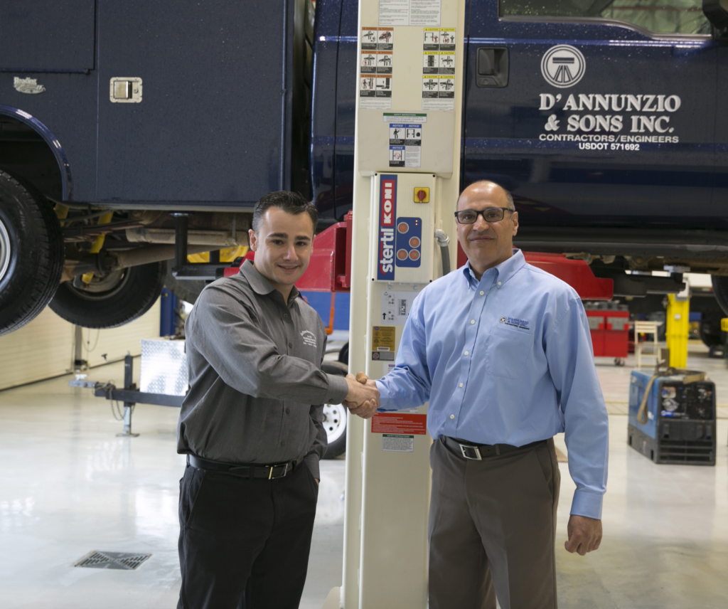 Pictured left to right: Matthew Morgan, principal at Stertil-Koni distributor, Hoffman Services and John Cafro, Equipment Manager at D’Annunzio & Sons, in front the of two-post Freedom lift